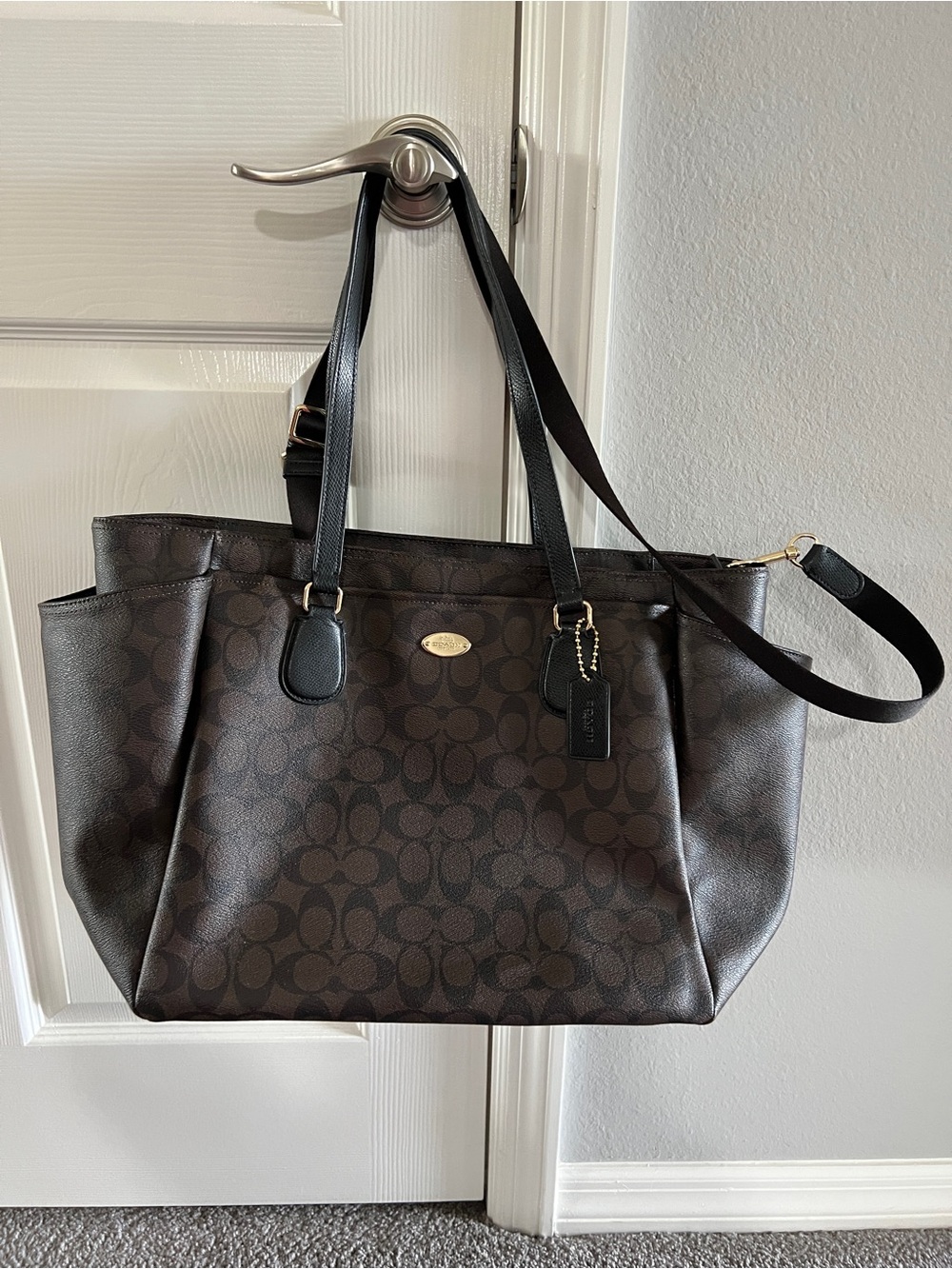 Coach Brown Signature Canvas Diaper Tote with Black Straps